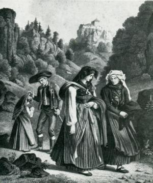Abb. 8: Tracht im Wiesenttal bei Rabeneck, Stahlstich von W. Schroll , Quelle: Staatsbibliothek Bamberg, Probedruck, I T 135 / 105, Foto: Gerald Raab Abb. 8: Tracht im Wiesenttal bei Rabeneck, Stahlstich von W. Schroll